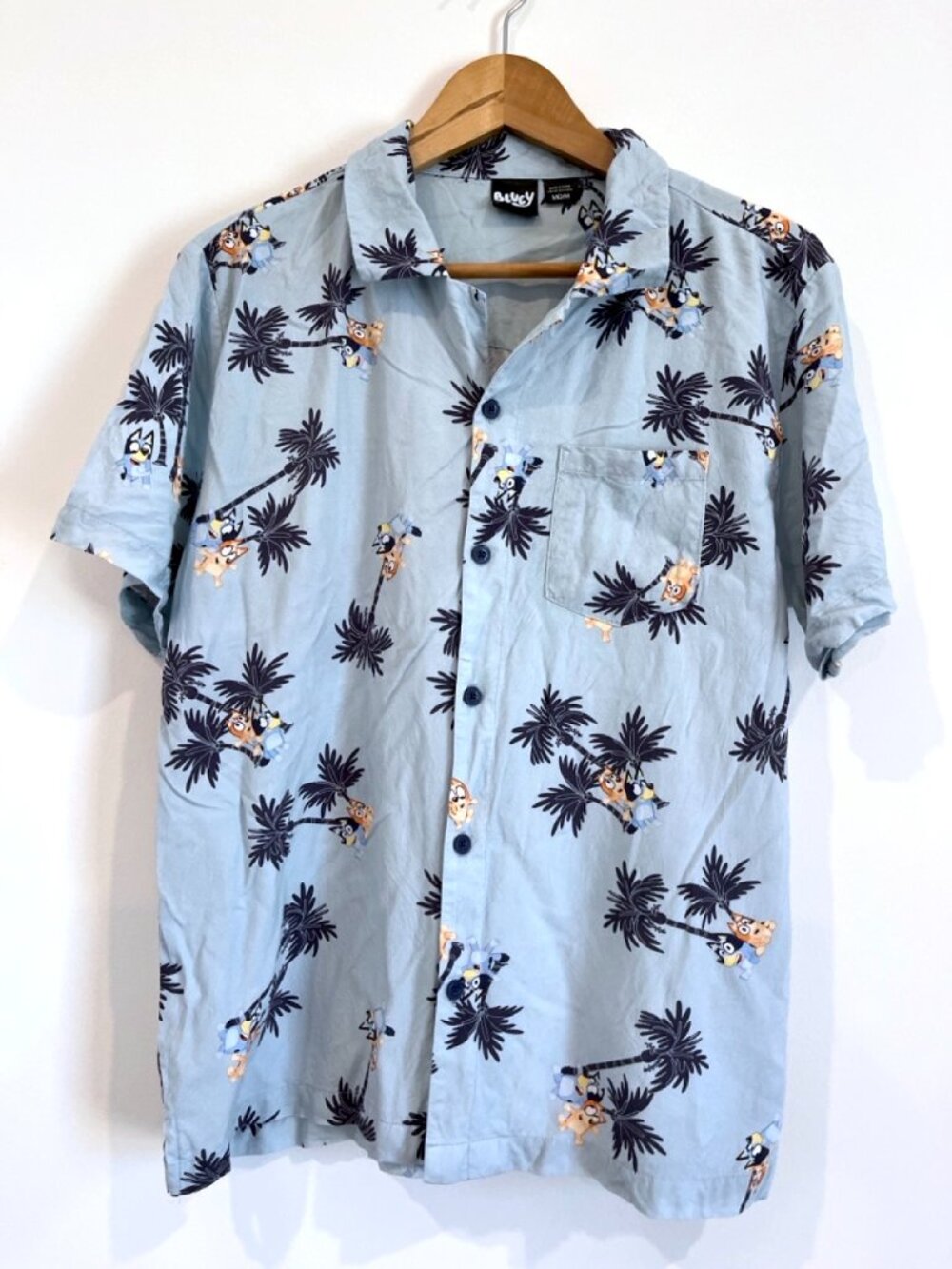 Bluey Official Men's M Hawaiian Shirt Ice Blue Palm Print